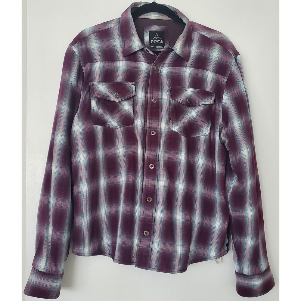 prAna Purple Plaid Lined Snap Button Down Shirt Medium Shacket 100% Cotton